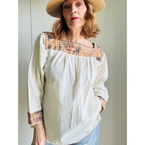 Vintage 70s Peasant Blouse Boho Hand Embroidered Cotton Folk Festival Shirt SZ M